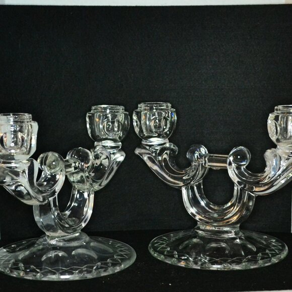 Vintage Double Arm Glass Candleholders Elegant Mid Century Taper Candles - Picture 1 of 6
